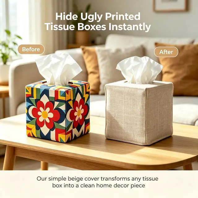 Alt view image 6 of 7 - Tissue Box Cover, Cute Beige Linen Fabric Decorative Square Tissue Box Holder/Organizer for Bathroom Vanity Countertop/Office/Nightstand/Desk
