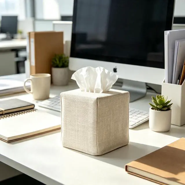 Alt view image 7 of 7 - Tissue Box Cover, Cute Beige Linen Fabric Decorative Square Tissue Box Holder/Organizer for Bathroom Vanity Countertop/Office/Nightstand/Desk