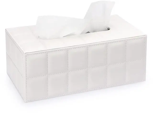 Main image of Tissue Box Cover Rectangle,Magnetic Bottom,PU Tissue Box Holder,M | Stylish Tissue Box Cover Rectangular ,Decorative Tissue Cover for Vanity Dresser Night Stand Table Office Car ,Grid White