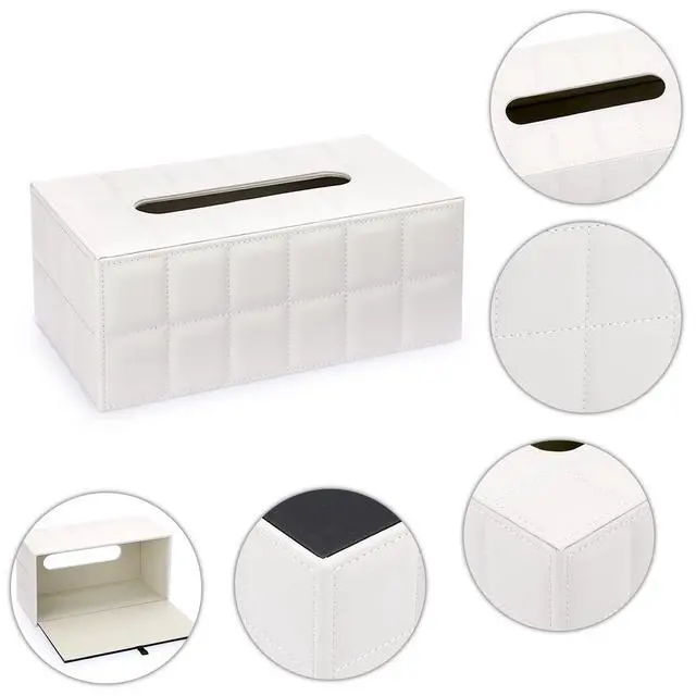 Alt view image 4 of 7 - Tissue Box Cover Rectangle,Magnetic Bottom,PU Tissue Box Holder,M | Stylish Tissue Box Cover Rectangular ,Decorative Tissue Cover for Vanity Dresser Night Stand Table Office Car ,Grid White