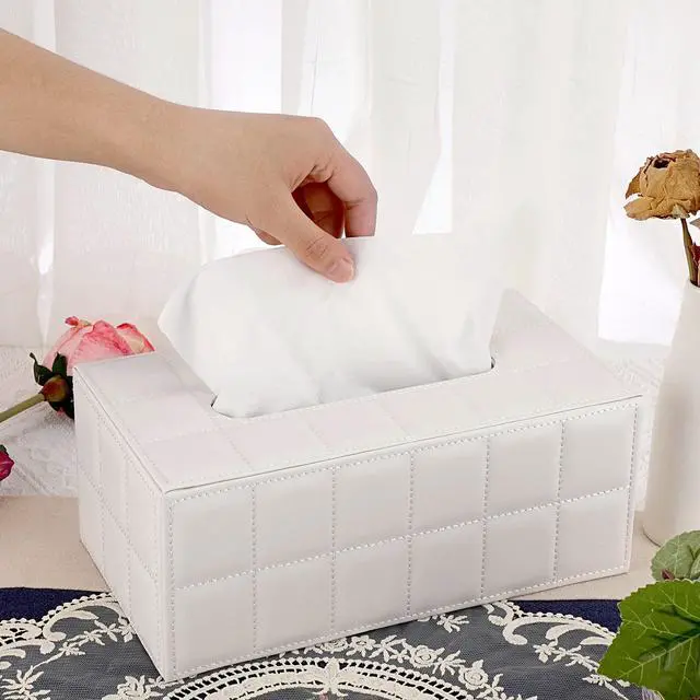 Alt view image 5 of 7 - Tissue Box Cover Rectangle,Magnetic Bottom,PU Tissue Box Holder,M | Stylish Tissue Box Cover Rectangular ,Decorative Tissue Cover for Vanity Dresser Night Stand Table Office Car ,Grid White