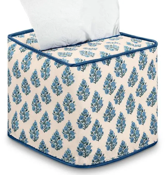 Main image of Floral Block Print Fabric Cotton Tissue Box Cover 5.2" x 5.2" x 4.5" Square Reusable Soft Blue and White Napkin Holder for Kitchen Dining Bathroom Office Cafe Grandmillennial Home Decor