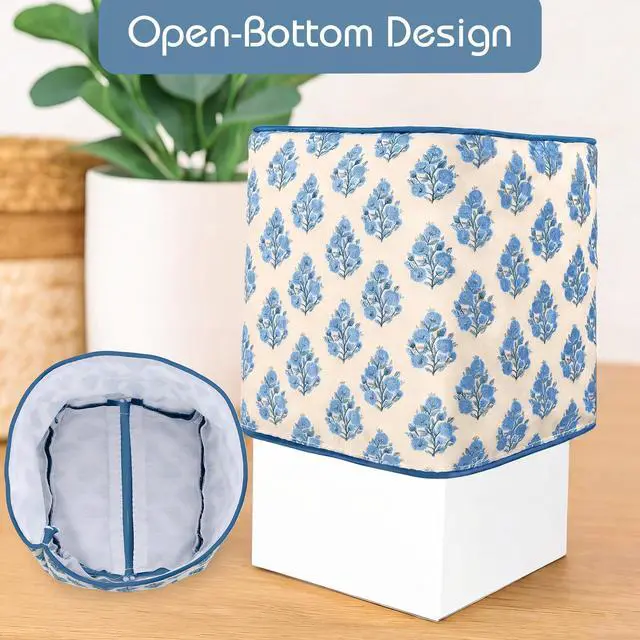 Alt view image 2 of 6 - Floral Block Print Fabric Cotton Tissue Box Cover 5.2" x 5.2" x 4.5" Square Reusable Soft Blue and White Napkin Holder for Kitchen Dining Bathroom Office Cafe Grandmillennial Home Decor