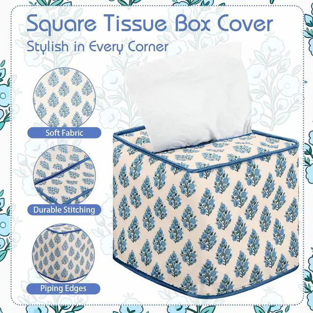 Alt view image 3 of 6 - Floral Block Print Fabric Cotton Tissue Box Cover 5.2" x 5.2" x 4.5" Square Reusable Soft Blue and White Napkin Holder for Kitchen Dining Bathroom Office Cafe Grandmillennial Home Decor