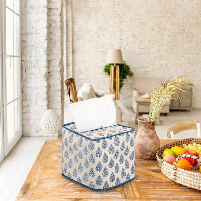 Alt view image 5 of 6 - Floral Block Print Fabric Cotton Tissue Box Cover 5.2" x 5.2" x 4.5" Square Reusable Soft Blue and White Napkin Holder for Kitchen Dining Bathroom Office Cafe Grandmillennial Home Decor