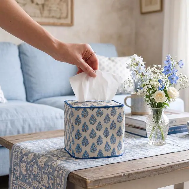 Alt view image 4 of 6 - Floral Block Print Fabric Cotton Tissue Box Cover 5.2" x 5.2" x 4.5" Square Reusable Soft Blue and White Napkin Holder for Kitchen Dining Bathroom Office Cafe Grandmillennial Home Decor
