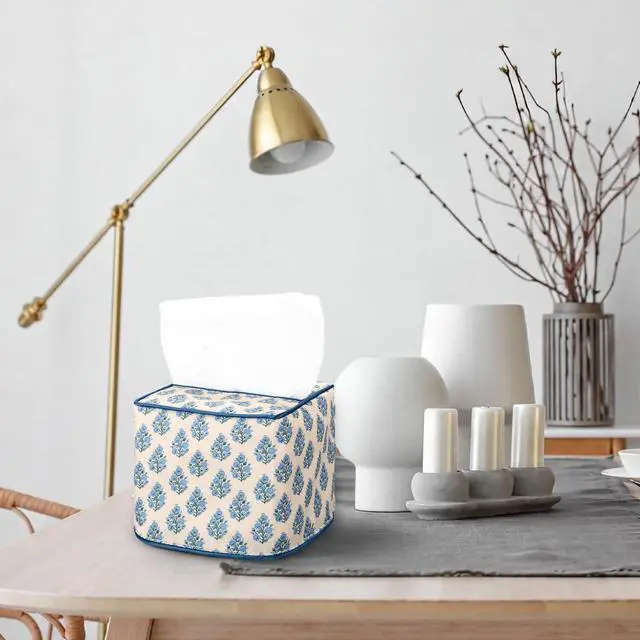 Alt view image 6 of 6 - Floral Block Print Fabric Cotton Tissue Box Cover 5.2" x 5.2" x 4.5" Square Reusable Soft Blue and White Napkin Holder for Kitchen Dining Bathroom Office Cafe Grandmillennial Home Decor