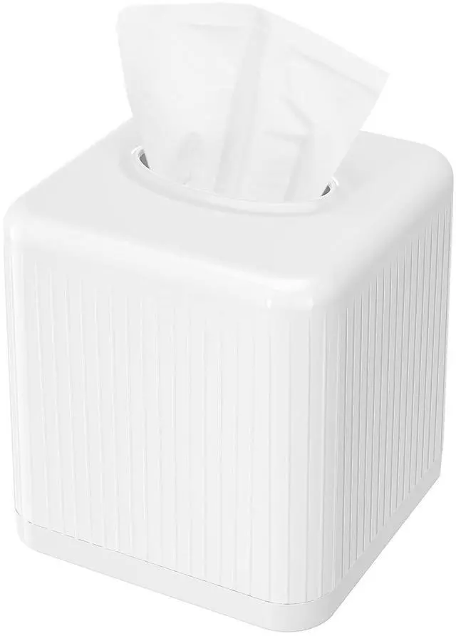 Main image of Tissue Box Cover with Base, Square Plastic Tissue Box Holder Decorative Tissue Cover Modern Cube Facial Tissue Dispenser for Bathroom Vanity Countertop, Living Room, Bedroom, Office - White
