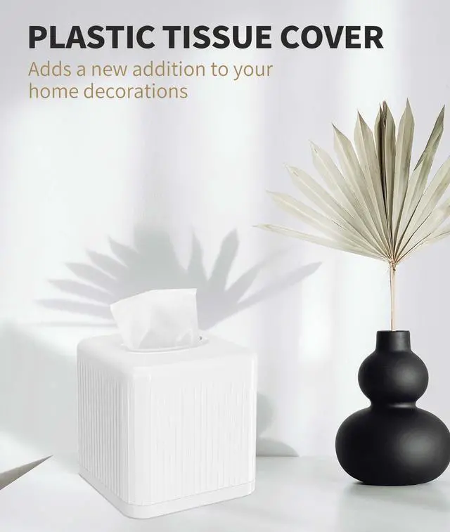 Alt view image 2 of 7 - Tissue Box Cover with Base, Square Plastic Tissue Box Holder Decorative Tissue Cover Modern Cube Facial Tissue Dispenser for Bathroom Vanity Countertop, Living Room, Bedroom, Office - White