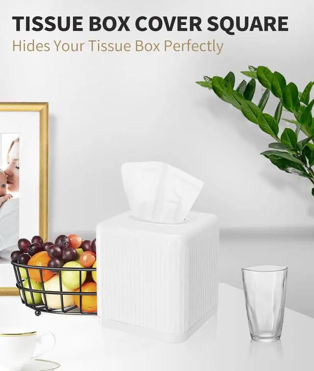 Alt view image 3 of 7 - Tissue Box Cover with Base, Square Plastic Tissue Box Holder Decorative Tissue Cover Modern Cube Facial Tissue Dispenser for Bathroom Vanity Countertop, Living Room, Bedroom, Office - White