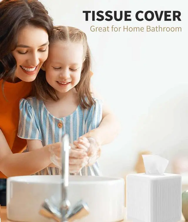 Alt view image 4 of 7 - Tissue Box Cover with Base, Square Plastic Tissue Box Holder Decorative Tissue Cover Modern Cube Facial Tissue Dispenser for Bathroom Vanity Countertop, Living Room, Bedroom, Office - White