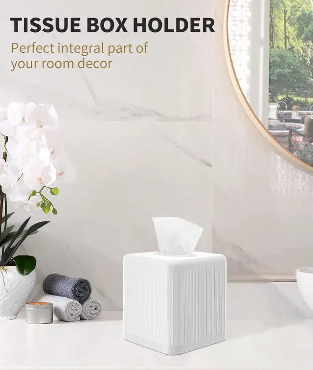 Alt view image 5 of 7 - Tissue Box Cover with Base, Square Plastic Tissue Box Holder Decorative Tissue Cover Modern Cube Facial Tissue Dispenser for Bathroom Vanity Countertop, Living Room, Bedroom, Office - White