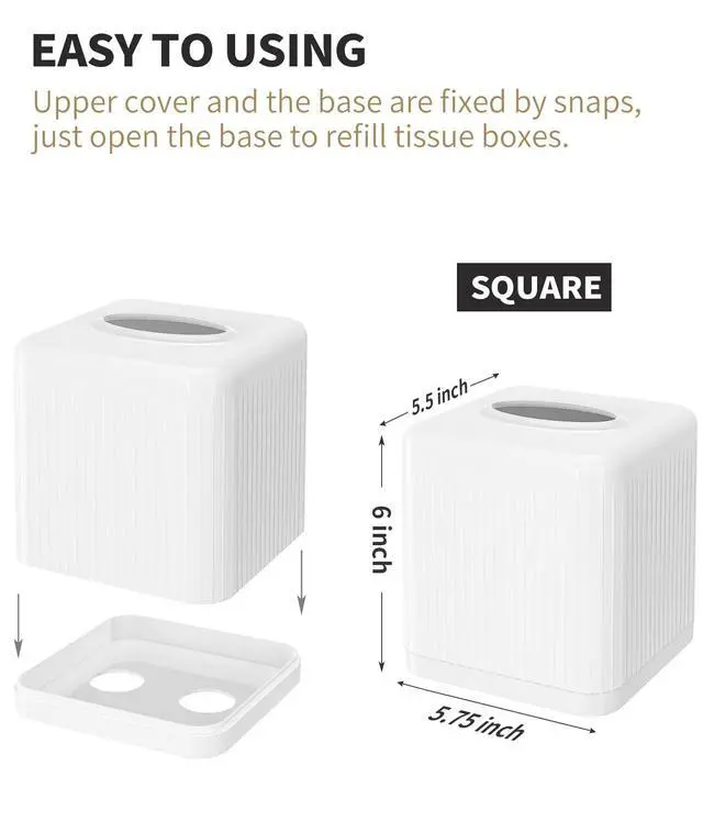 Alt view image 7 of 7 - Tissue Box Cover with Base, Square Plastic Tissue Box Holder Decorative Tissue Cover Modern Cube Facial Tissue Dispenser for Bathroom Vanity Countertop, Living Room, Bedroom, Office - White