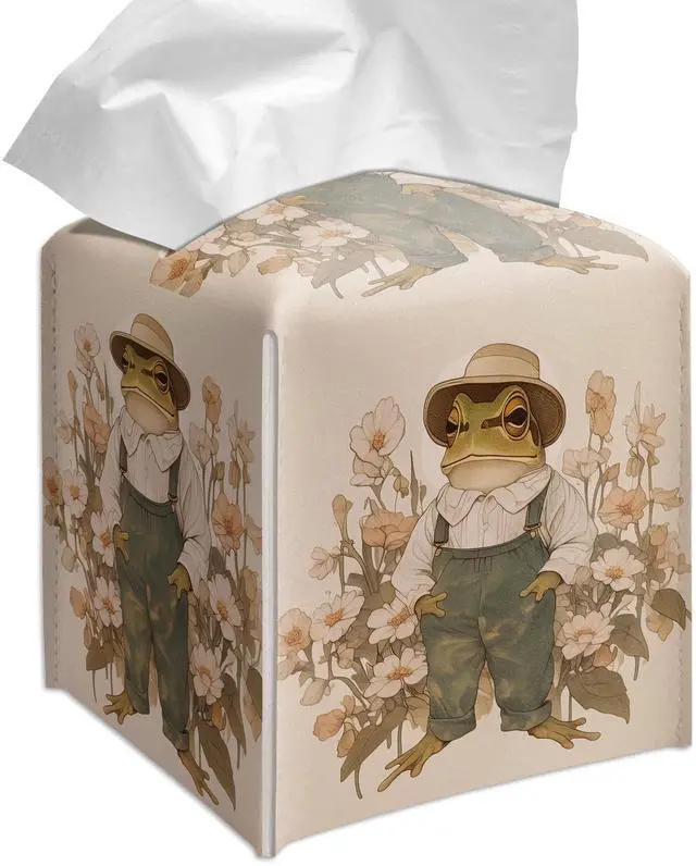 Main image of Vintage Frog Tissue Box Cover Square, Overalls Cottagecore Floral Cube Case for Facial Tissues, 5.2" PU Leather(081)