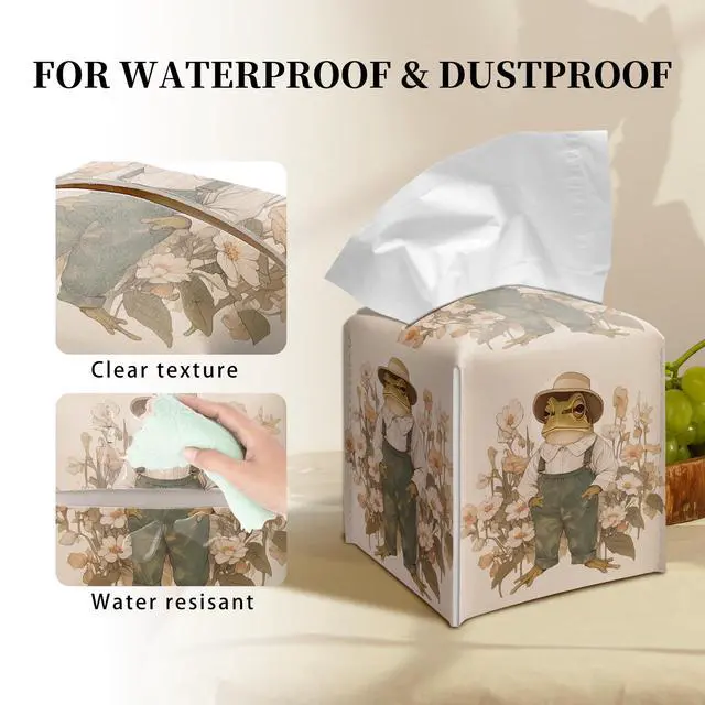 Alt view image 3 of 6 - Vintage Frog Tissue Box Cover Square, Overalls Cottagecore Floral Cube Case for Facial Tissues, 5.2" PU Leather(081)