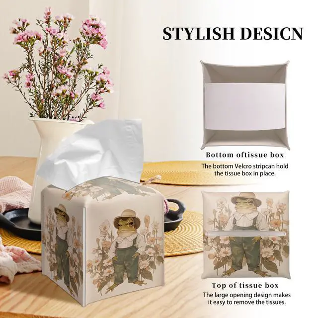 Alt view image 4 of 6 - Vintage Frog Tissue Box Cover Square, Overalls Cottagecore Floral Cube Case for Facial Tissues, 5.2" PU Leather(081)