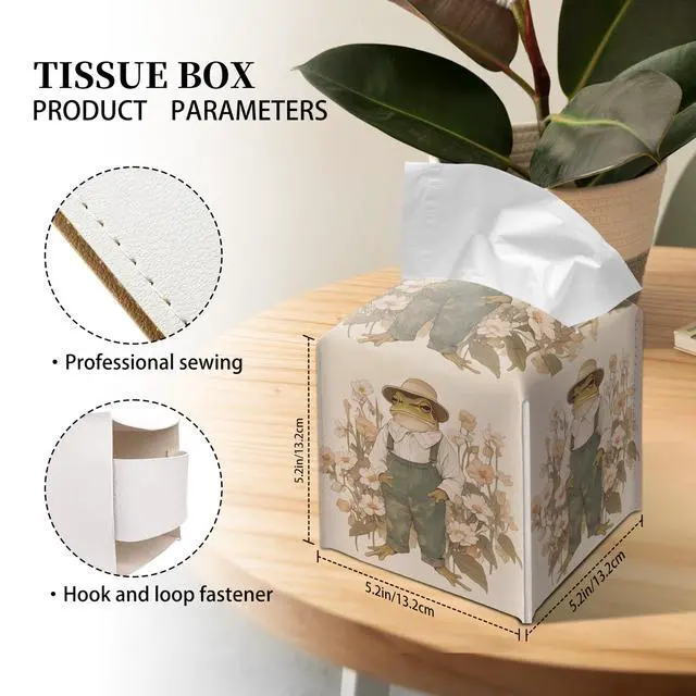 Alt view image 2 of 6 - Vintage Frog Tissue Box Cover Square, Overalls Cottagecore Floral Cube Case for Facial Tissues, 5.2" PU Leather(081)