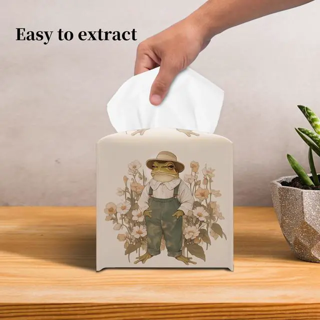 Alt view image 5 of 6 - Vintage Frog Tissue Box Cover Square, Overalls Cottagecore Floral Cube Case for Facial Tissues, 5.2" PU Leather(081)