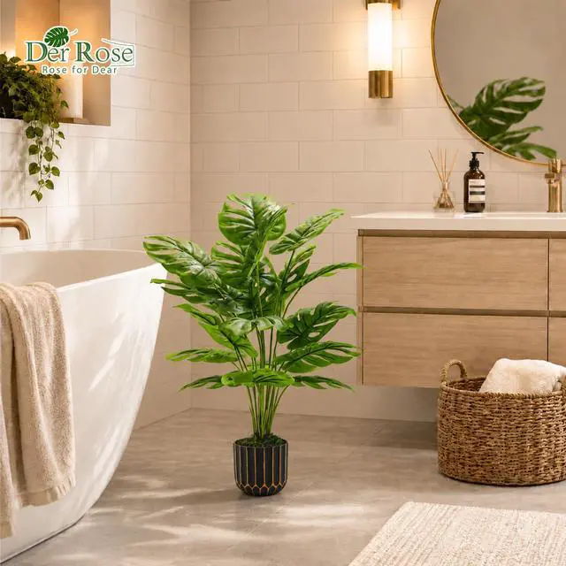 Alt view image 2 of 7 - 28" Fake Plants, Monstera Plant in Black Gold Pot for Home Decor | Artificial plants indoor add refined tropical greenery to modern offices, elegant entryways, reception areas and house decor
