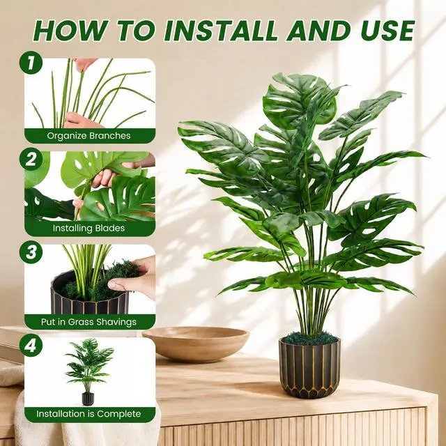 Alt view image 4 of 7 - 28" Fake Plants, Monstera Plant in Black Gold Pot for Home Decor | Artificial plants indoor add refined tropical greenery to modern offices, elegant entryways, reception areas and house decor