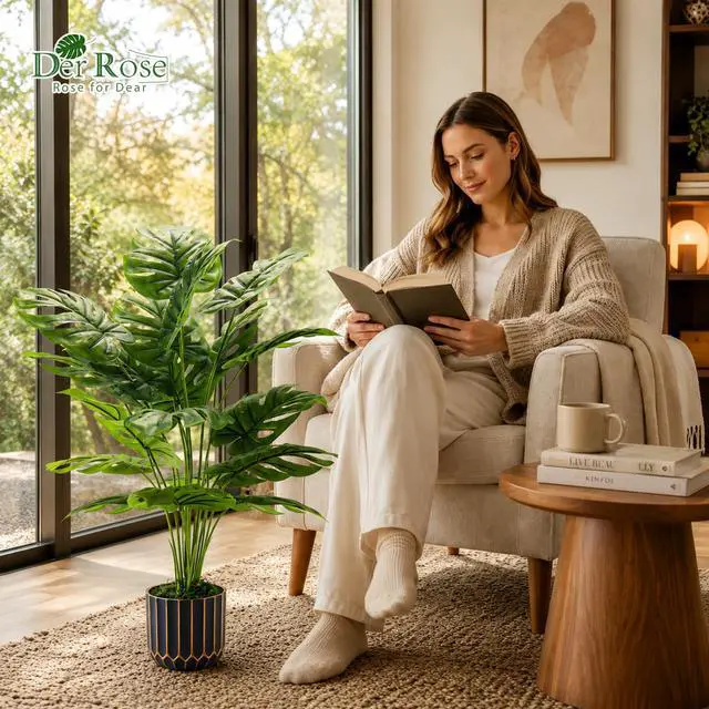 Alt view image 7 of 7 - 28" Fake Plants, Monstera Plant in Black Gold Pot for Home Decor | Artificial plants indoor add refined tropical greenery to modern offices, elegant entryways, reception areas and house decor