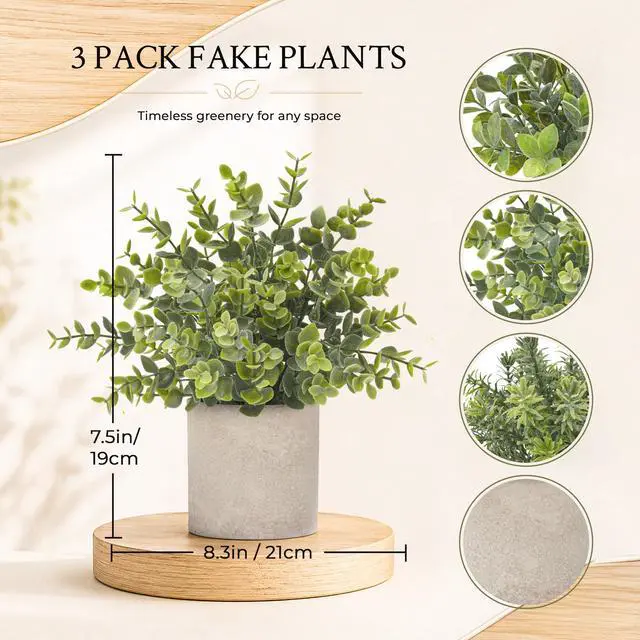Alt view image 2 of 7 - 3 Pack Fake Plants Artificial Plants for Office Bathroom Decor | Sage green frosted eucalyptus, pet and child safe, maintenance-free, desk shelf kitchen bedroom coffee table farmhouse decor