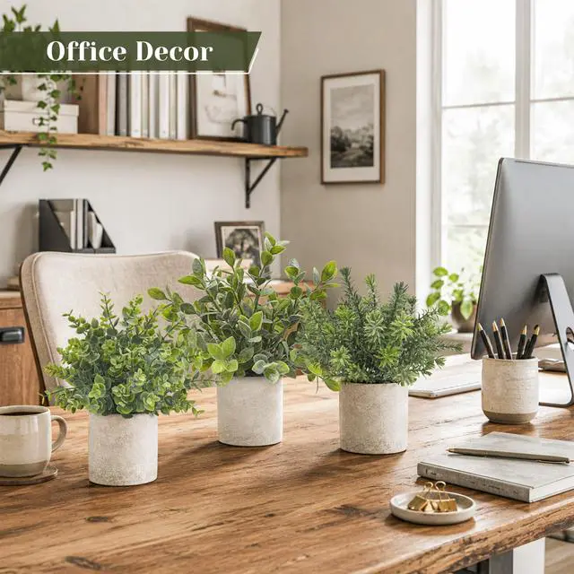 Alt view image 3 of 7 - 3 Pack Fake Plants Artificial Plants for Office Bathroom Decor | Sage green frosted eucalyptus, pet and child safe, maintenance-free, desk shelf kitchen bedroom coffee table farmhouse decor