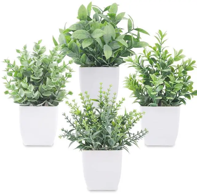 Main image of 4 Pack 7" Mini Fake Plants, Artificial Plants for Bathroom Decor | Frosted eucalyptus look, easy-care artificial greenery, for desk shelf windowsill office tabletop dorm and classroom decor