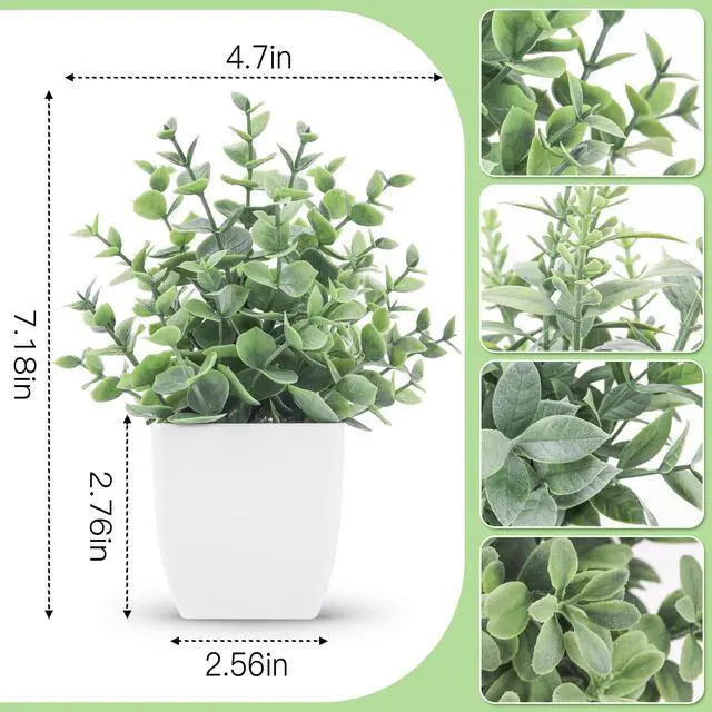 Alt view image 2 of 7 - 4 Pack 7" Mini Fake Plants, Artificial Plants for Bathroom Decor | Frosted eucalyptus look, easy-care artificial greenery, for desk shelf windowsill office tabletop dorm and classroom decor