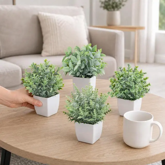 Alt view image 3 of 7 - 4 Pack 7" Mini Fake Plants, Artificial Plants for Bathroom Decor | Frosted eucalyptus look, easy-care artificial greenery, for desk shelf windowsill office tabletop dorm and classroom decor