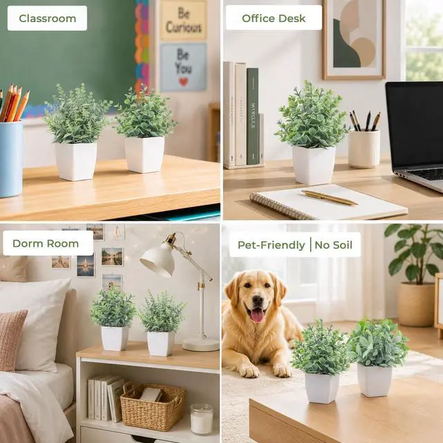 Alt view image 6 of 7 - 4 Pack 7" Mini Fake Plants, Artificial Plants for Bathroom Decor | Frosted eucalyptus look, easy-care artificial greenery, for desk shelf windowsill office tabletop dorm and classroom decor