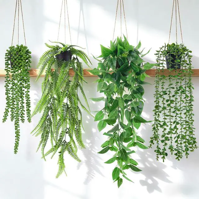 Main image of 4Pcs Fake Hanging Plants with Lush Cascading Greenery | Artificial plants with black pots, 2034 in long faux vine, for bathroom, kitchen, living room wall, shelf decor indoor