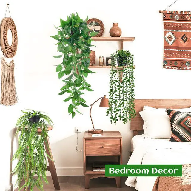 Alt view image 2 of 7 - 4Pcs Fake Hanging Plants with Lush Cascading Greenery | Artificial plants with black pots, 2034 in long faux vine, for bathroom, kitchen, living room wall, shelf decor indoor