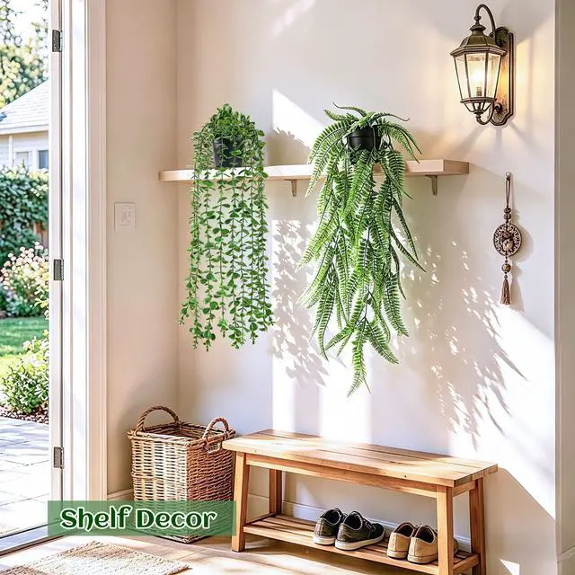 Alt view image 6 of 7 - 4Pcs Fake Hanging Plants with Lush Cascading Greenery | Artificial plants with black pots, 2034 in long faux vine, for bathroom, kitchen, living room wall, shelf decor indoor