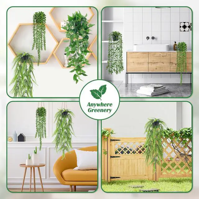 Alt view image 5 of 7 - 4Pcs Fake Hanging Plants with Lush Cascading Greenery | Artificial plants with black pots, 2034 in long faux vine, for bathroom, kitchen, living room wall, shelf decor indoor
