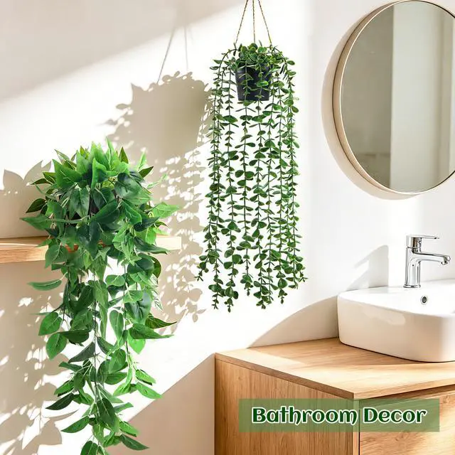 Alt view image 7 of 7 - 4Pcs Fake Hanging Plants with Lush Cascading Greenery | Artificial plants with black pots, 2034 in long faux vine, for bathroom, kitchen, living room wall, shelf decor indoor