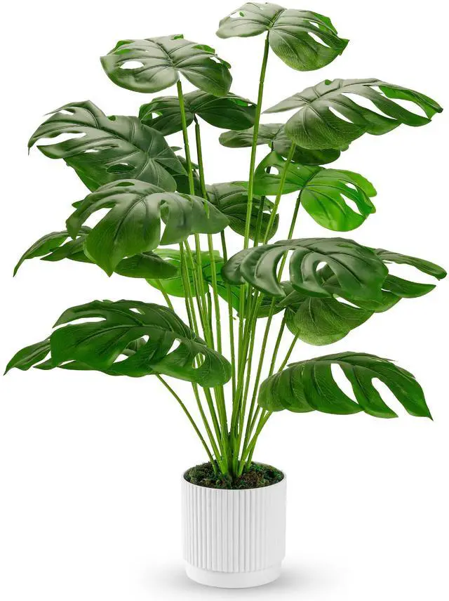 Main image of 28" Fake Plants, Artificial Monstera Plants Indoor in White Pot | Faux outdoor plants add bright, clean tropical greenery to modern home office, bedroom, entryway, front porch and house decor