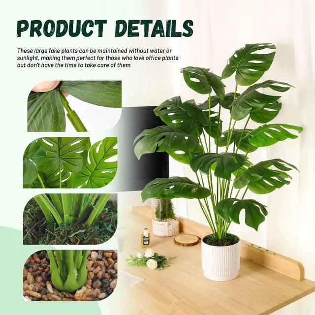 Alt view image 4 of 7 - 28" Fake Plants, Artificial Monstera Plants Indoor in White Pot | Faux outdoor plants add bright, clean tropical greenery to modern home office, bedroom, entryway, front porch and house decor