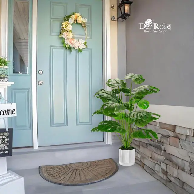 Alt view image 7 of 7 - 28" Fake Plants, Artificial Monstera Plants Indoor in White Pot | Faux outdoor plants add bright, clean tropical greenery to modern home office, bedroom, entryway, front porch and house decor