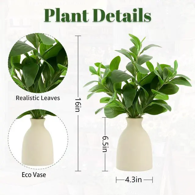 Alt view image 3 of 7 - 16" Artificial Eucalyptus Stems Potted Plant Indoor Fake Plants | Realistic Greenery with Vase, Small Artificial Office Desk Plants in Pots for Home Decor Weddings Centerpieces
