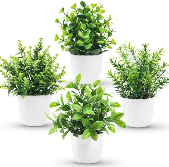 Main image of 4 Pack Faux Plants Indoor Small Fake Plants for Bathroom Decor | Fluffy Pretty look for shelves desktops windowsills offices decor, fade-resistant and safe for pets (no soil or pollen)