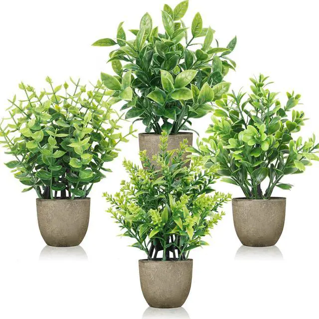 Main image of 4 Pack Artificial Plants Indoor Fake Plants for Bathroom Decor | Cozy finished look, shelf tray kitchen office desk windowsill farmhouse decor, great gift, dust-resistant
