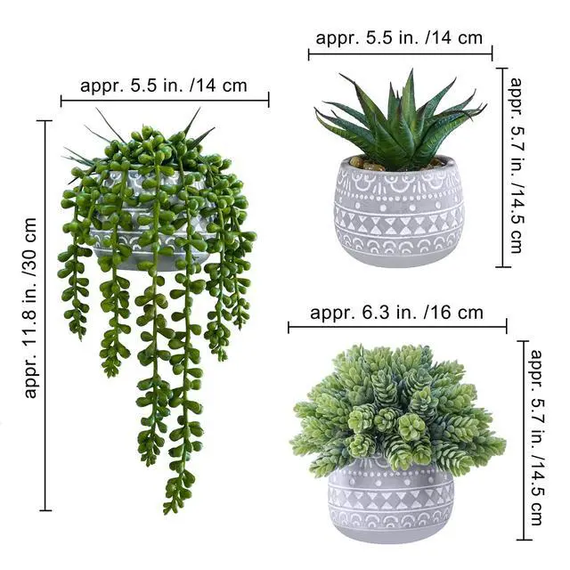 Alt view image 2 of 7 - 3 Pcs Assorted Small Potted Succulent Plants Artificial Aloe Hops String of Pearls Succulents in Gray Geometric Concrete Pots for Gifts Table Shelf Windowsill Indoor Outdoor Greenery Decor