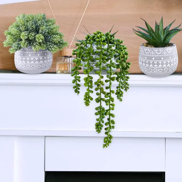 Alt view image 3 of 7 - 3 Pcs Assorted Small Potted Succulent Plants Artificial Aloe Hops String of Pearls Succulents in Gray Geometric Concrete Pots for Gifts Table Shelf Windowsill Indoor Outdoor Greenery Decor