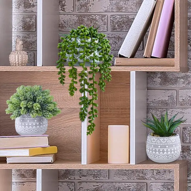 Alt view image 4 of 7 - 3 Pcs Assorted Small Potted Succulent Plants Artificial Aloe Hops String of Pearls Succulents in Gray Geometric Concrete Pots for Gifts Table Shelf Windowsill Indoor Outdoor Greenery Decor