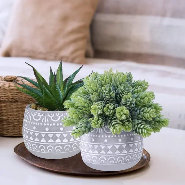Alt view image 5 of 7 - 3 Pcs Assorted Small Potted Succulent Plants Artificial Aloe Hops String of Pearls Succulents in Gray Geometric Concrete Pots for Gifts Table Shelf Windowsill Indoor Outdoor Greenery Decor