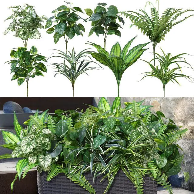 Alt view image 6 of 7 - Artificial Bunches Greenery Plants Fake Plastic Leaves with Stems UV Resistant Outside Faux Plants Bushes for Outdoor Patio Garden Front Porch Yard Decor