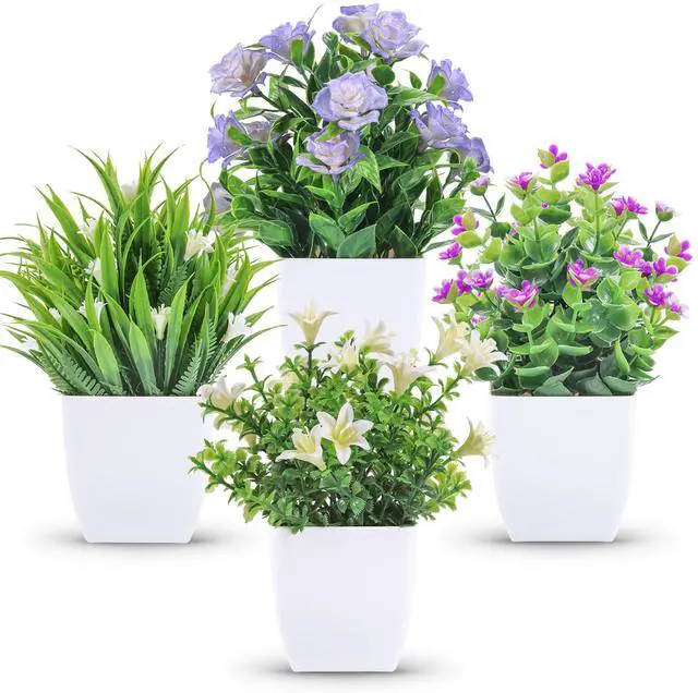 Main image of 4 Pack Small Fake Plants with Flowers, Spring Home Bathroom Decor | UV-resistant artificial flowers, varied spring flower styles, for desk shelf bathroom kitchen farmhouse and classroom decor