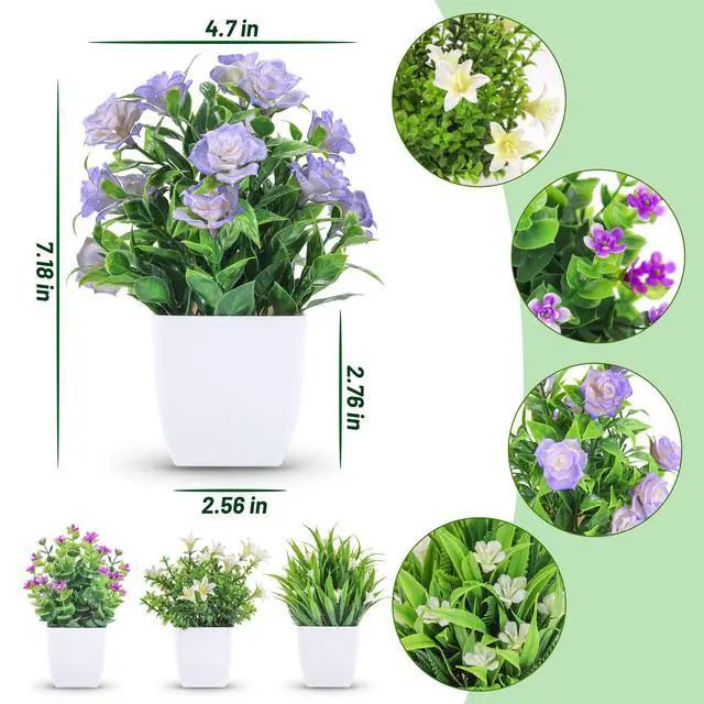 Alt view image 2 of 7 - 4 Pack Small Fake Plants with Flowers, Spring Home Bathroom Decor | UV-resistant artificial flowers, varied spring flower styles, for desk shelf bathroom kitchen farmhouse and classroom decor