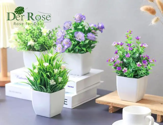 Alt view image 4 of 7 - 4 Pack Small Fake Plants with Flowers, Spring Home Bathroom Decor | UV-resistant artificial flowers, varied spring flower styles, for desk shelf bathroom kitchen farmhouse and classroom decor